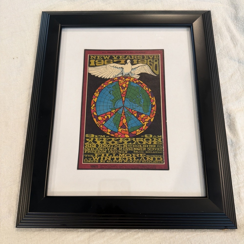 Vtg Jefferson Airplane 1967 New Years Eve Big Brother Framed Postcard
